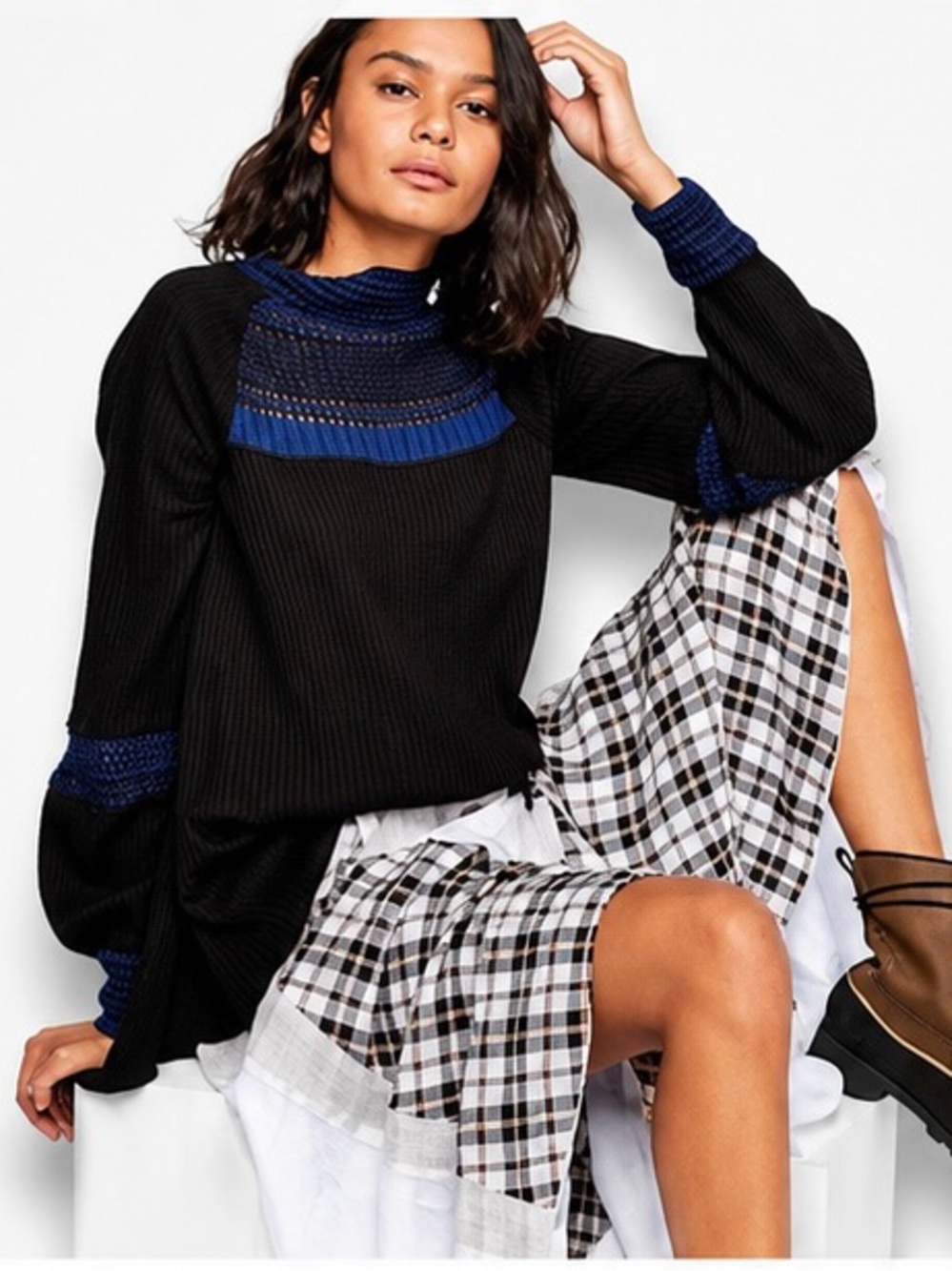 Free People Black Blue Thermal Knit Turtleneck Top Boho Layering Size Small